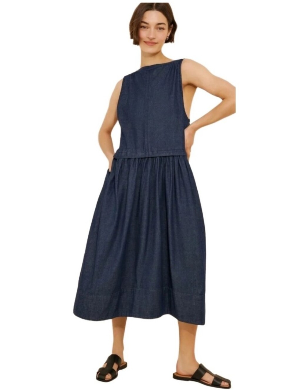 Free People Cotton Soraya Dark Blue Denim Drop Waist Pull On MidiDress Sz:Medium